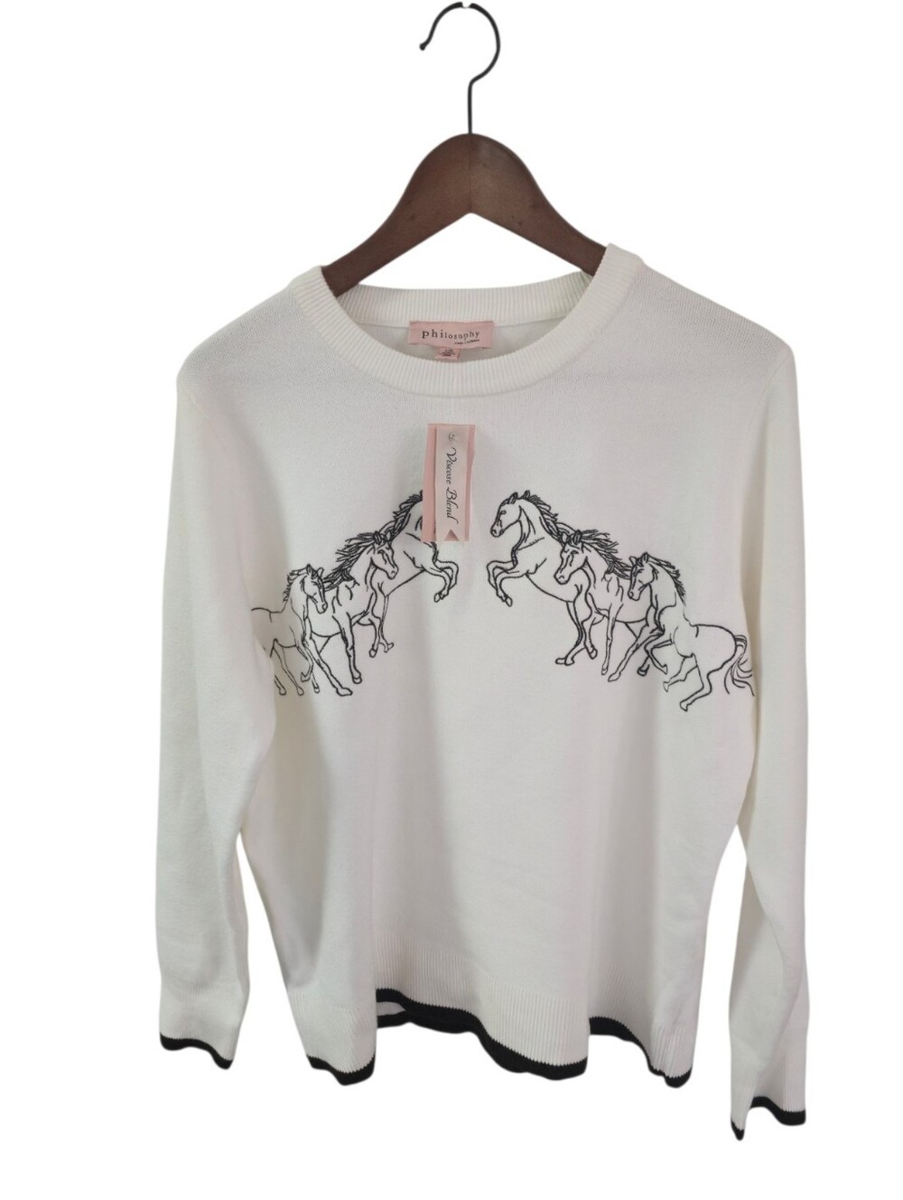 NWT Equestrian Embroidery Horse Light Sweater Philosophy Cream Black Size Large